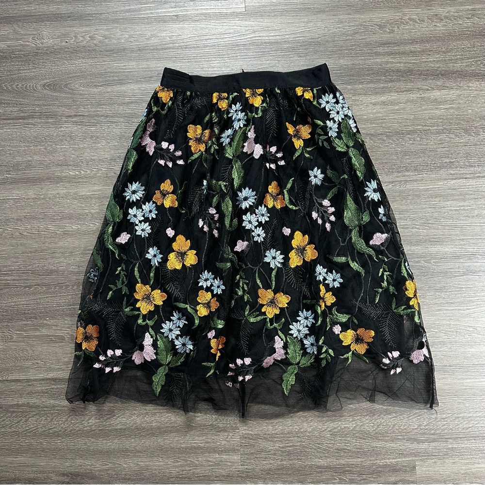 Final Sale: Floral Embroidered Black A Line Skirt